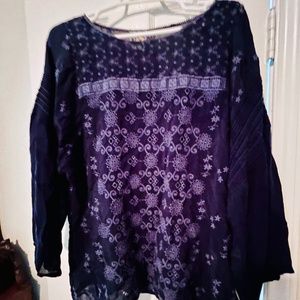 Johnny Was mid-length sleeve tunic top in blue/purple tone - embroidery - Size M